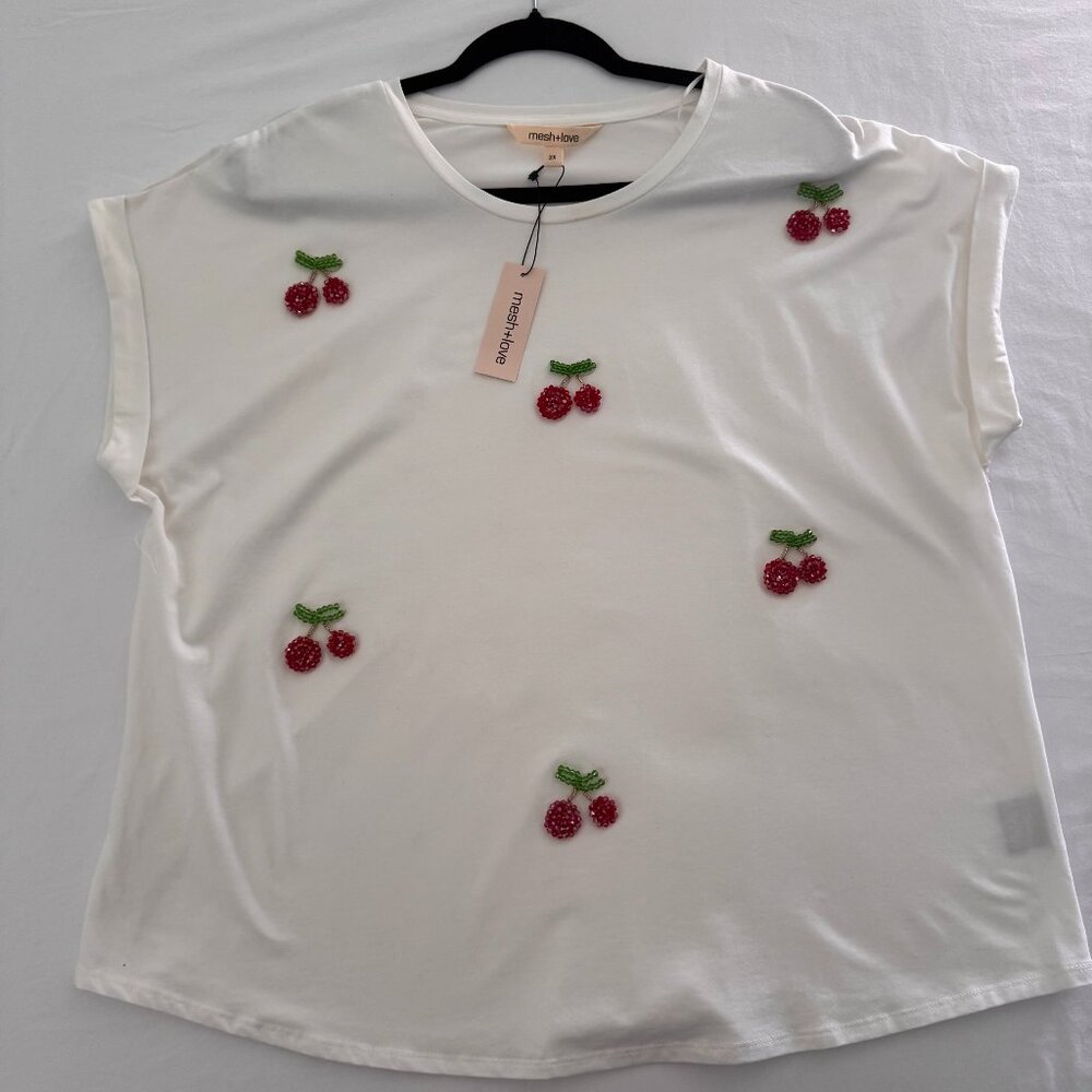 Cherry Embroidered Short Sleeve Top – Size 2X - HS0198